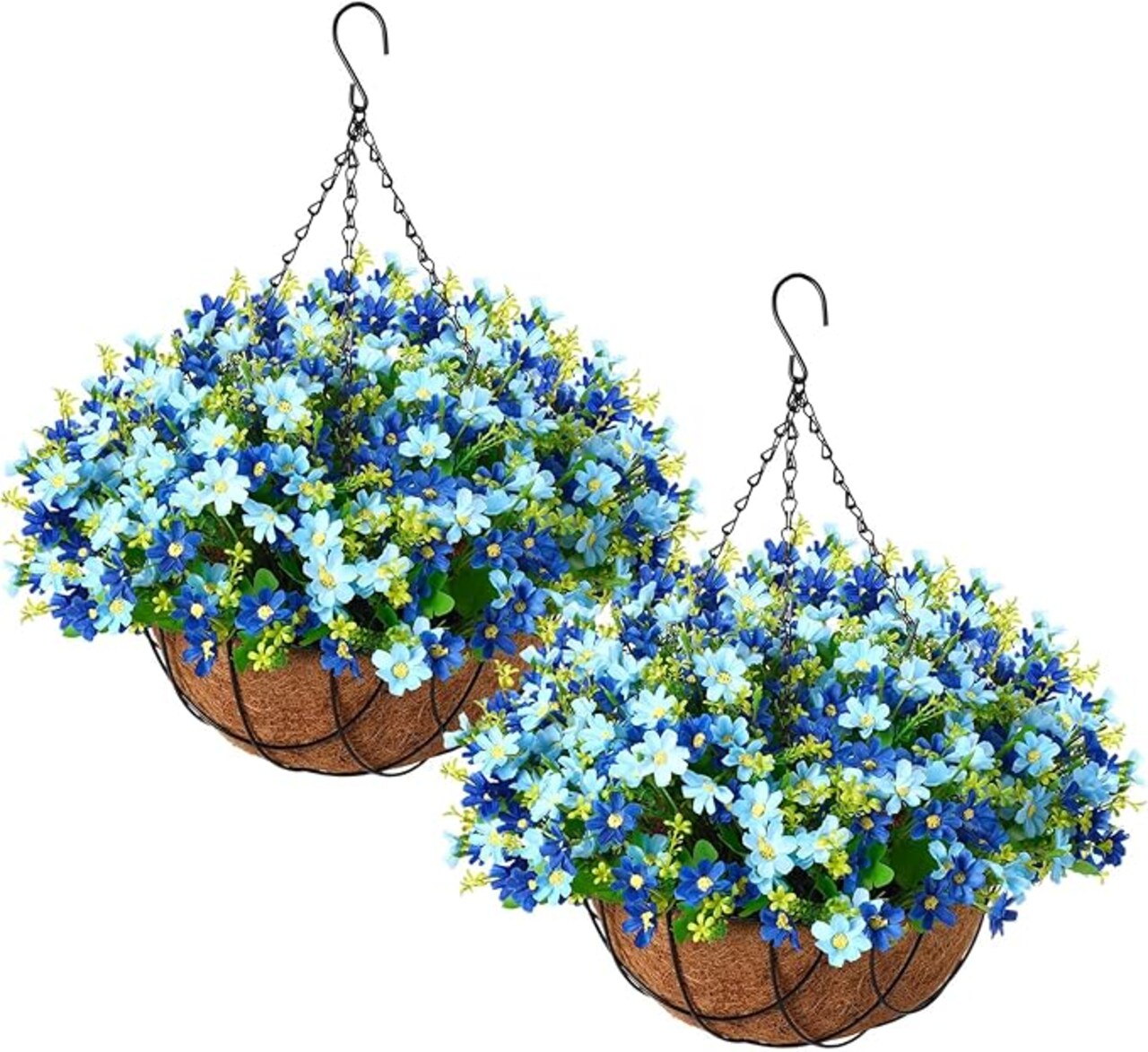 2 Pack Artificial Hanging Baskets with Flowers for Outdoors Fake Hanging Plants for Spring Summer Porch Home Decoration Artificial Daisy Flower Arrangement in Coconut Lining Baskets(Blue)